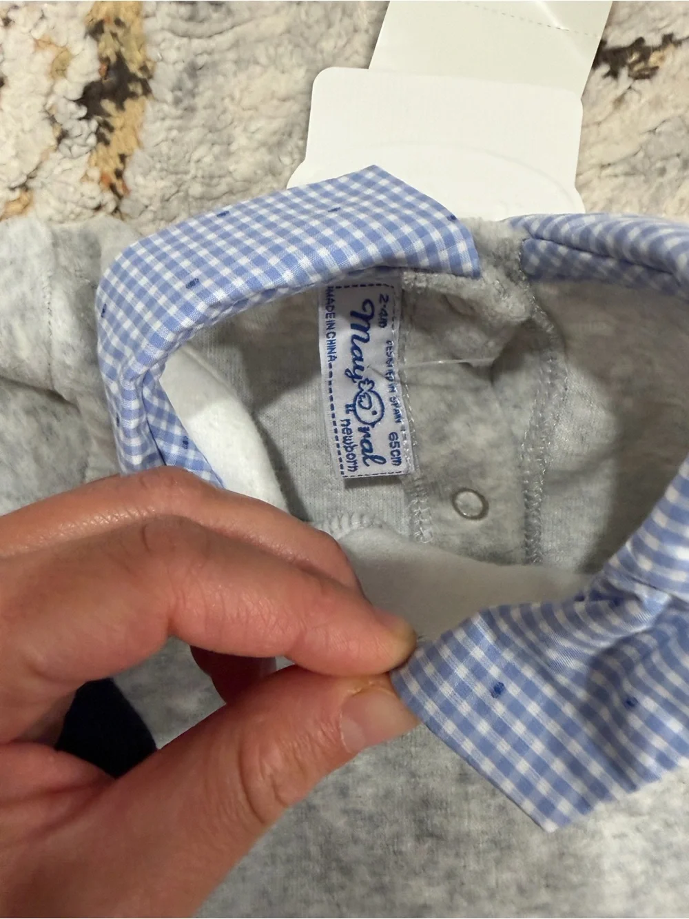 NWT Mayoral Velour Grey and Blue One-Piece with Gingham Collar, 6-9 months